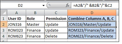Excel vlookup 5 - combine with slashes